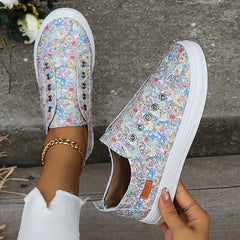 Floral Print Canvas Flat Skate Shoes Women