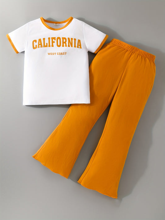 2pcs Girls Letter Graphic T Shirt & Flare Leg Pants Set Kids Summer Clothes