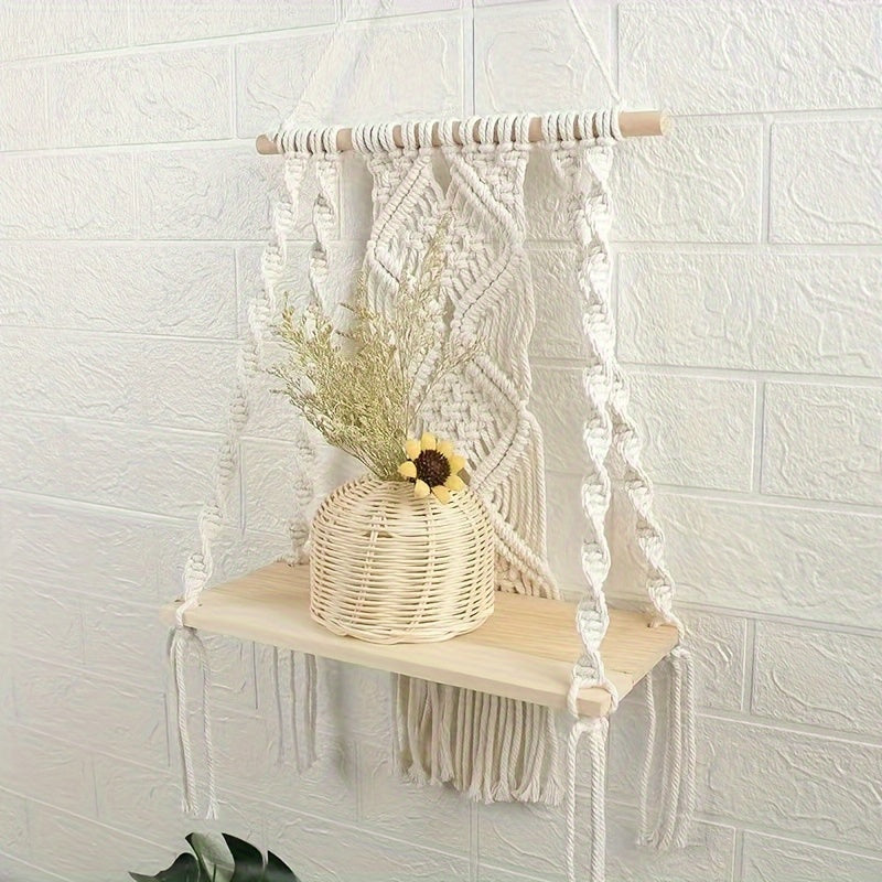 Boho Macrame Wall Shelf Wooden Hanging Storage Rack with Rope