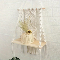Boho Macrame Wall Shelf Wooden Hanging Storage Rack with Rope