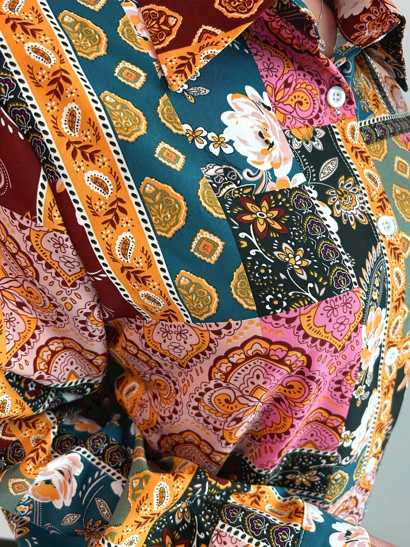  Boho Blouse Women's Plus Colorblock Floral Print Button Up Long Sleeve