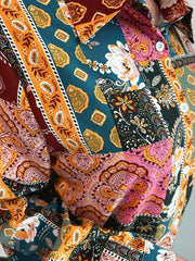  Boho Blouse Women's Plus Colorblock Floral Print Button Up Long Sleeve