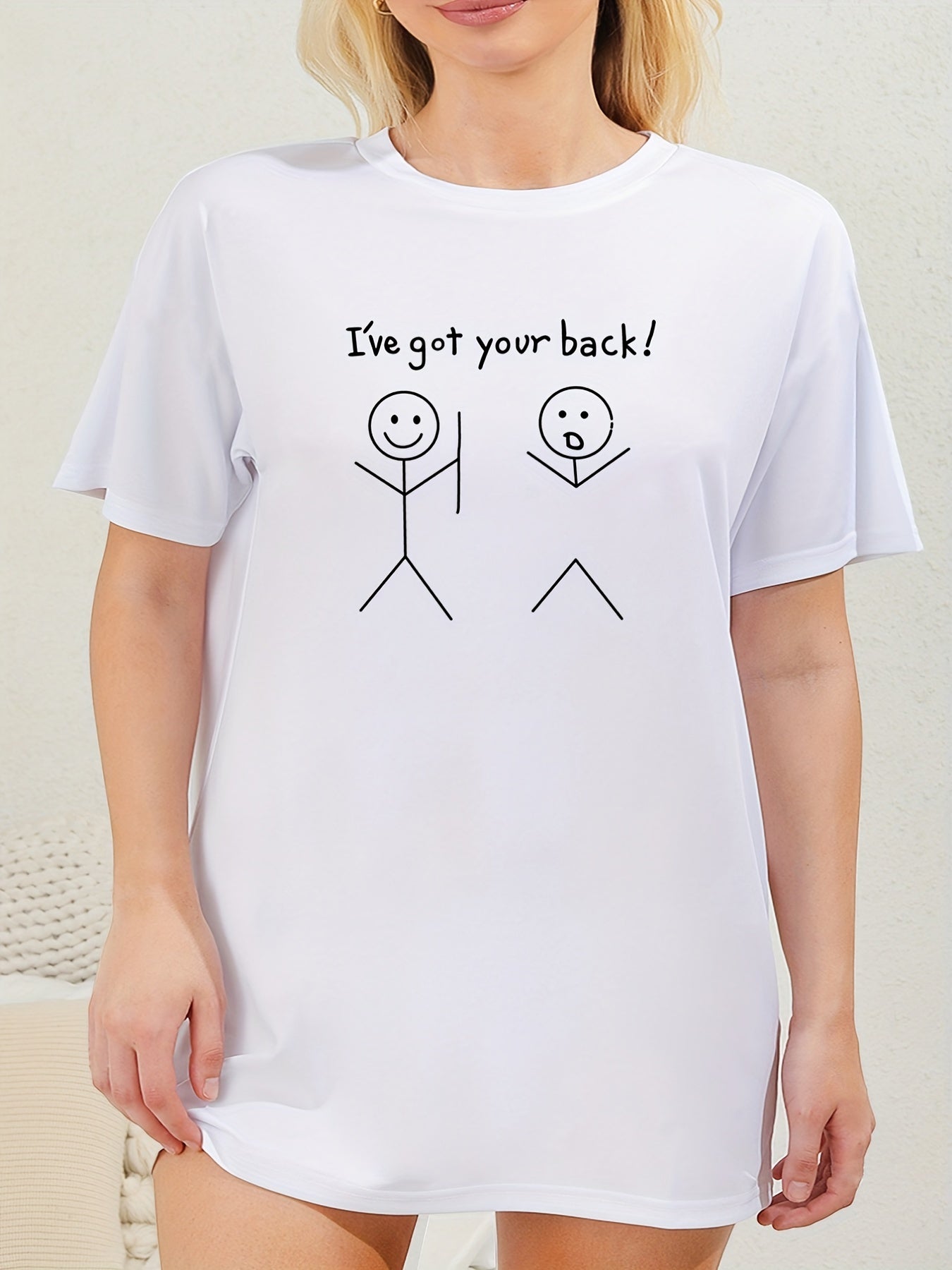  Stick Figure & Slogan Print Tee Sleep Dress