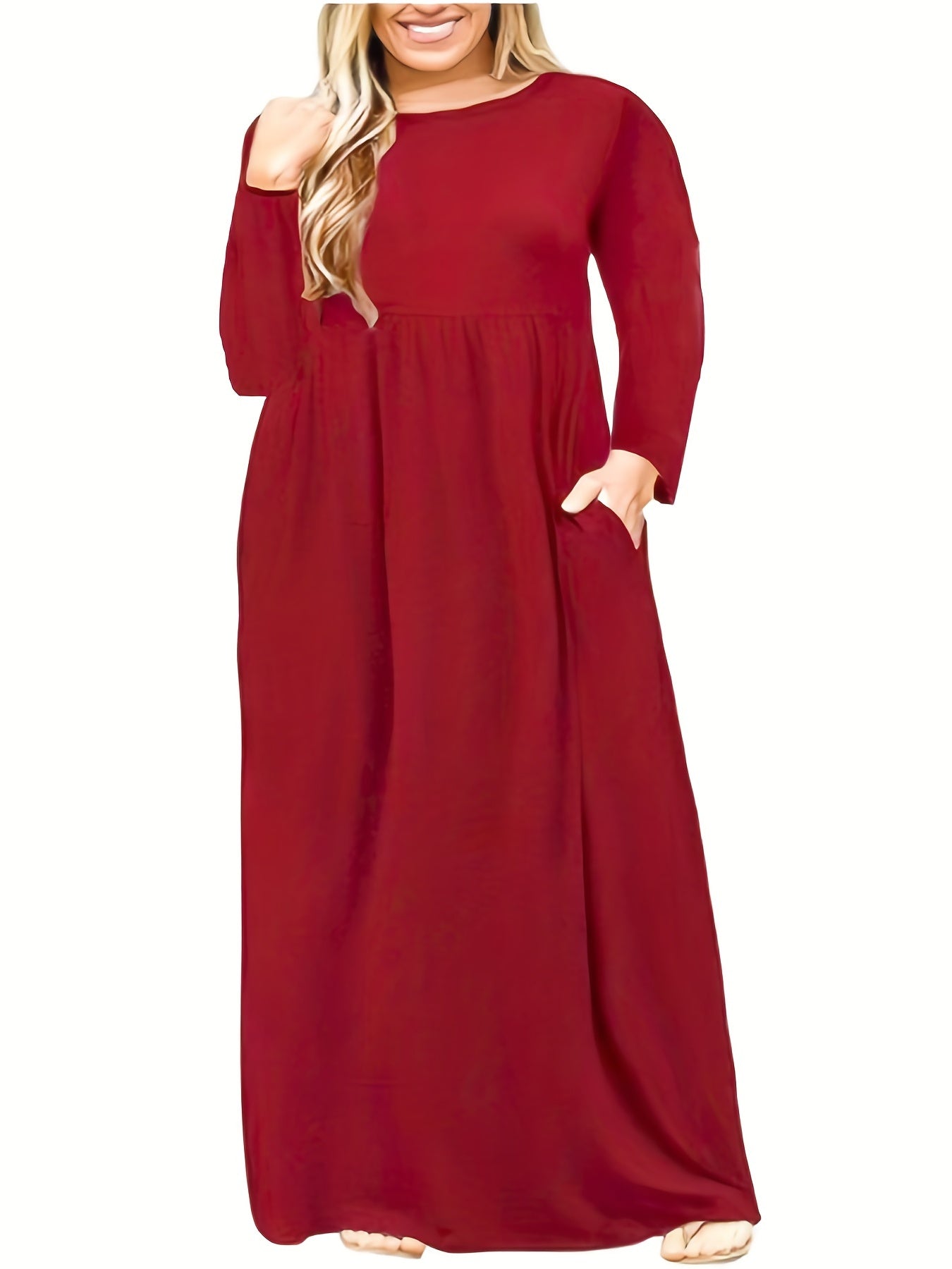 Solid Long Sleeve Round Neck Maxi Dress With Pockets