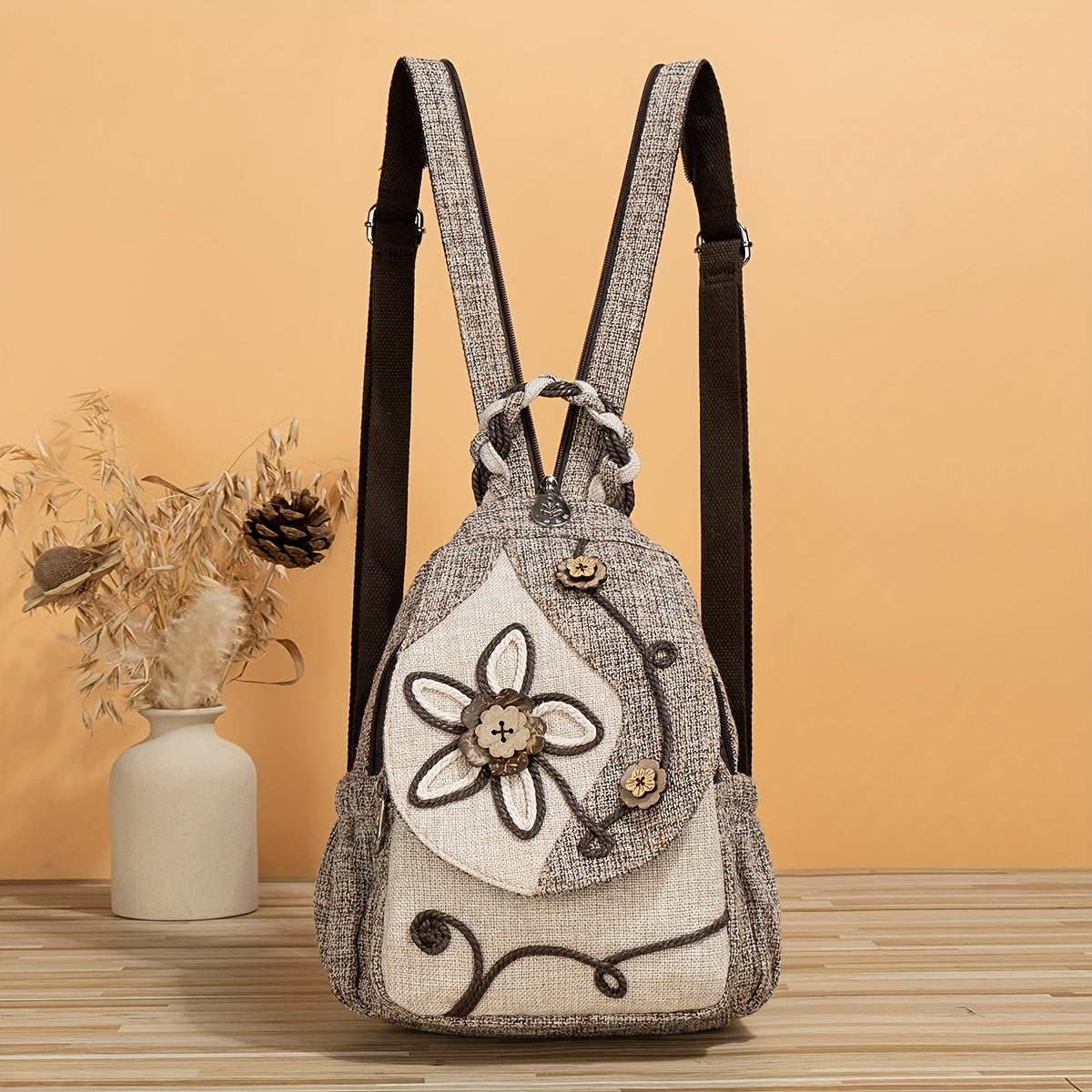 Vintage Ethnic Style Flap Backpack Floral Embroidered Daypack Bohemian Bag