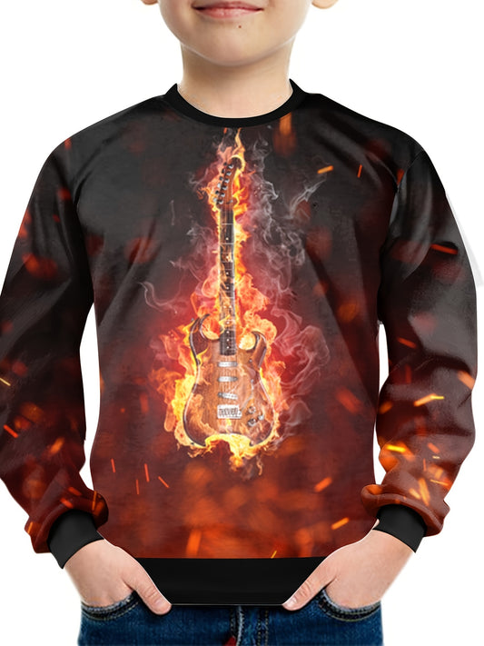 Flame Guitar Print Boys Sweatshirt Long Sleeve Pullover Top
