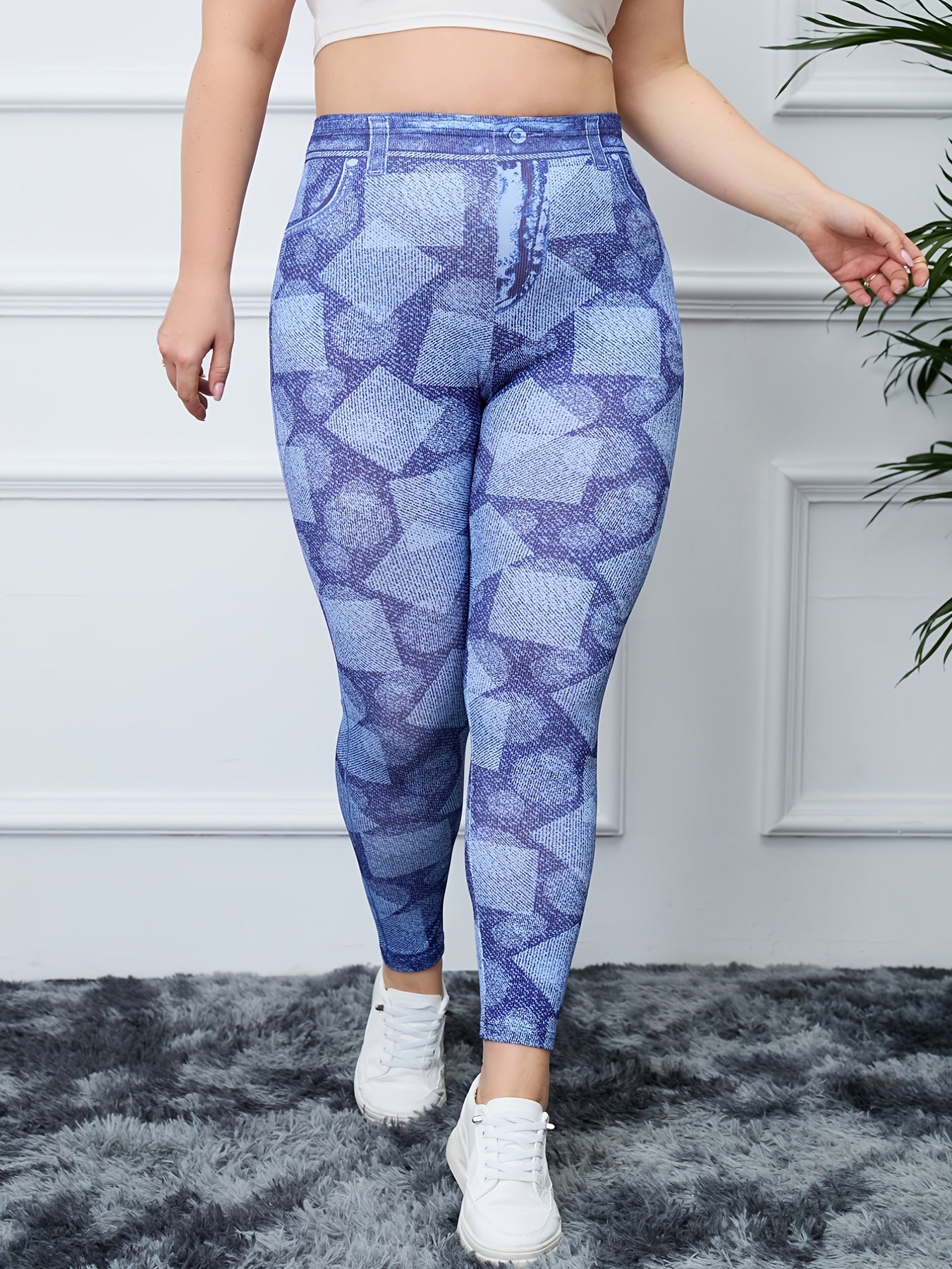  Geometric & Denim Print High Rise Fitness Leggings Women's Plus