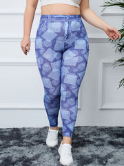  Geometric & Denim Print High Rise Fitness Leggings Women's Plus
