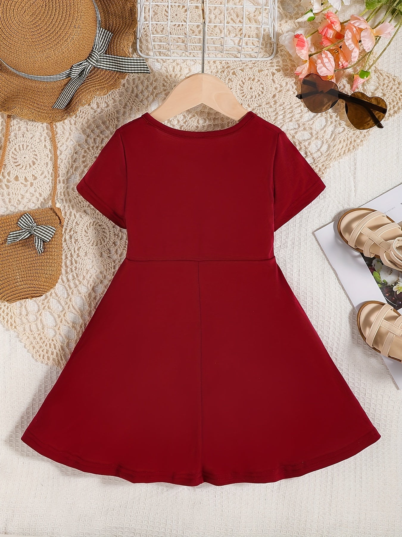 Girls Short Sleeve A-line Swing Skater Dress School Party Dress