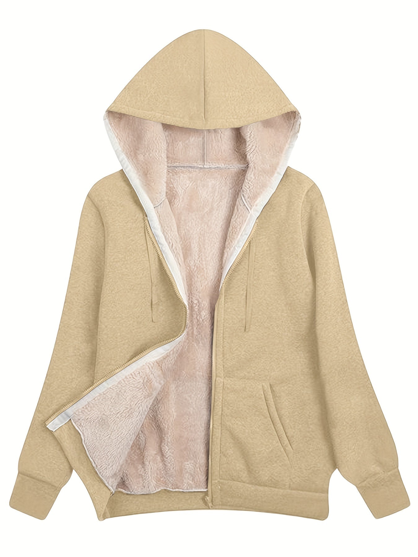 Fuzzy Hooded Jacket Casual Zip Up Drawstring Long Sleeve Solid Outerwear