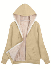 Fuzzy Hooded Jacket Casual Zip Up Drawstring Long Sleeve Solid Outerwear