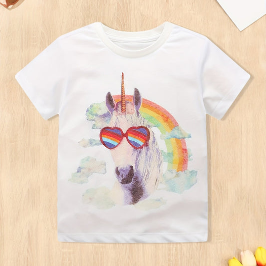 Girls Pony Print Short Sleeve T Shirt Crew Neck Summer Top For Kids
