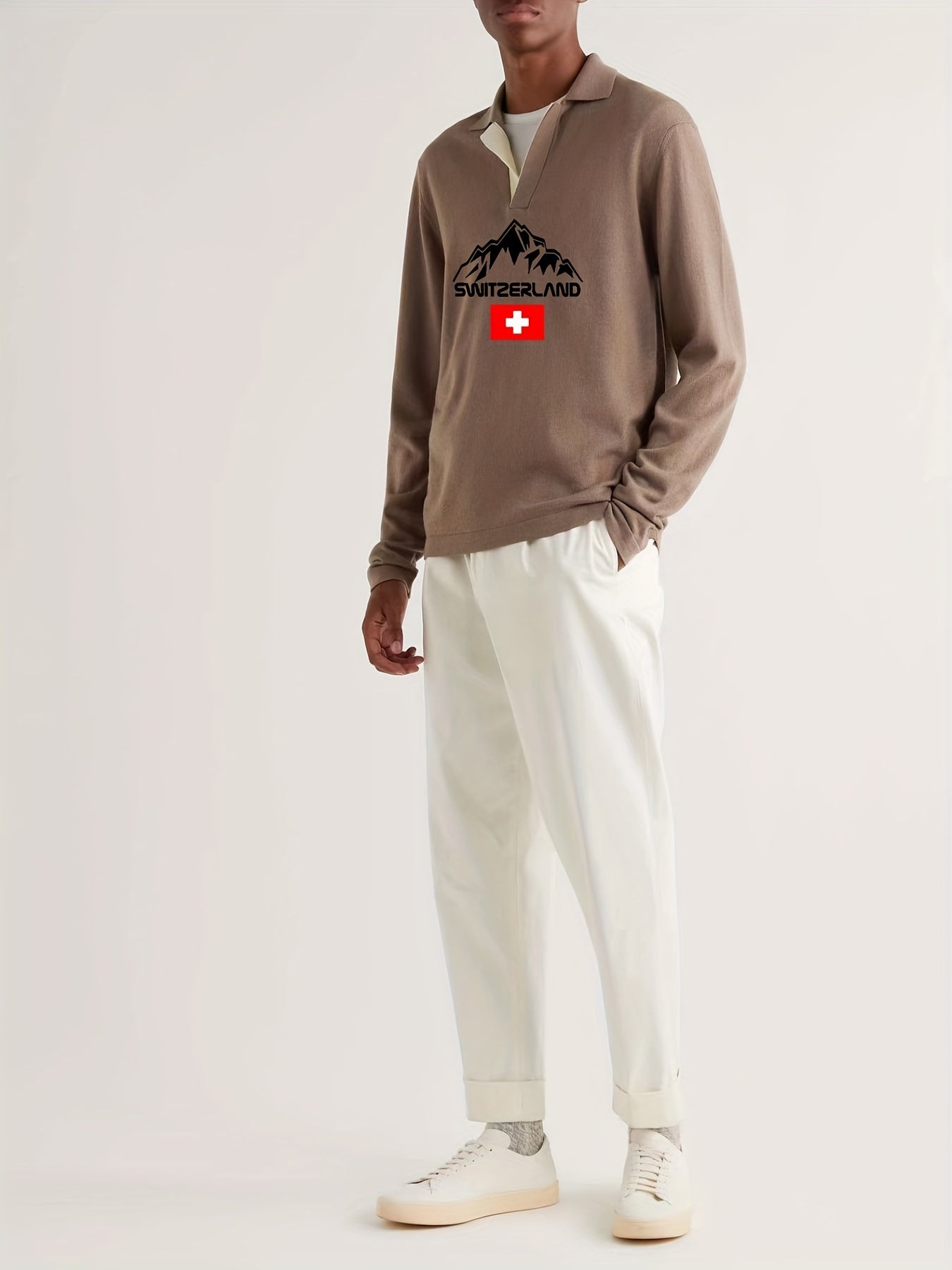 Switzerland Mountain Knit Polo Shirt Men's Pullover Sweater