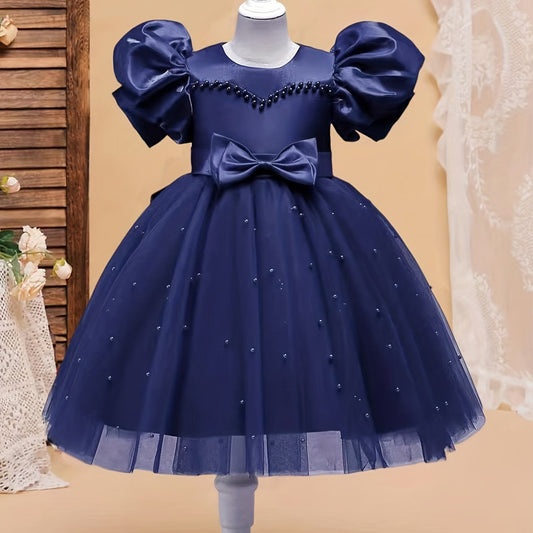 Girls Beaded Details Bubble Sleeve Party Gown Dress