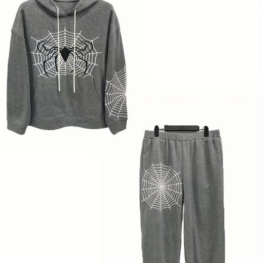 Women's Plus Spider & Spider Web Print Hooded Sweatshirt & Joggers Set