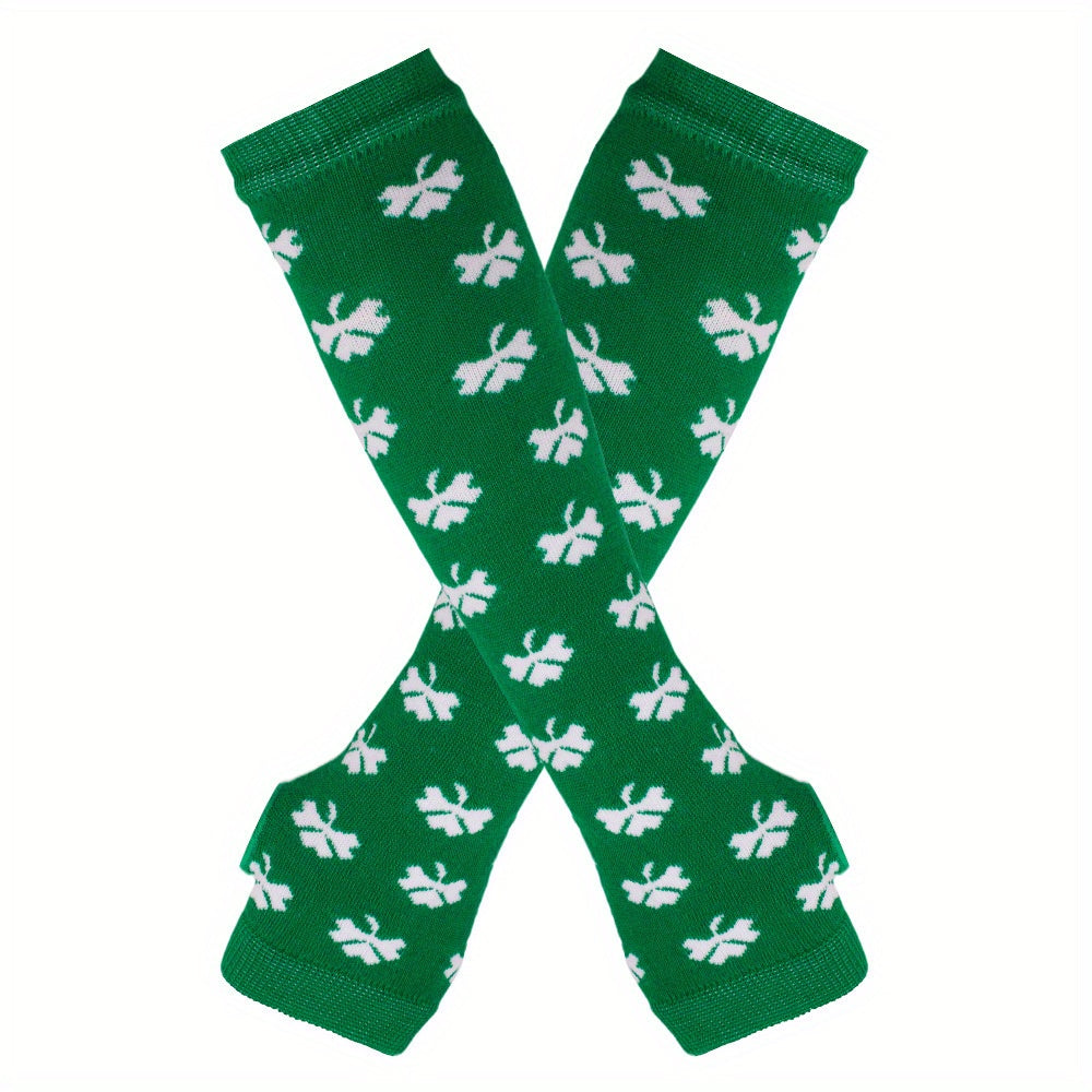 Y2K Green Striped Knitted Gloves Saint Patrick's Fingerless Gloves