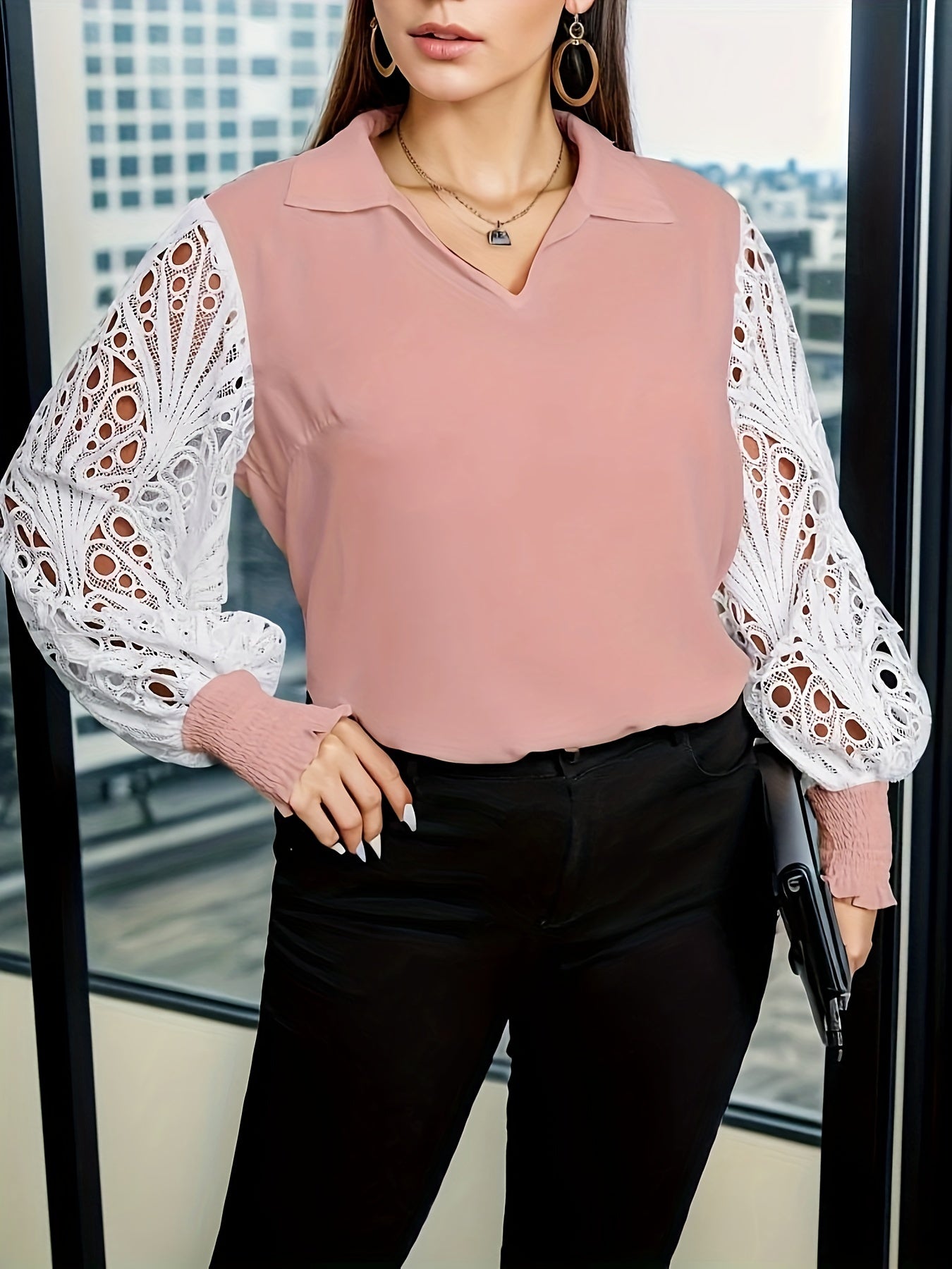  Casual Blouse Women's Plus Colorblock Contrast Lace Lantern Sleeve