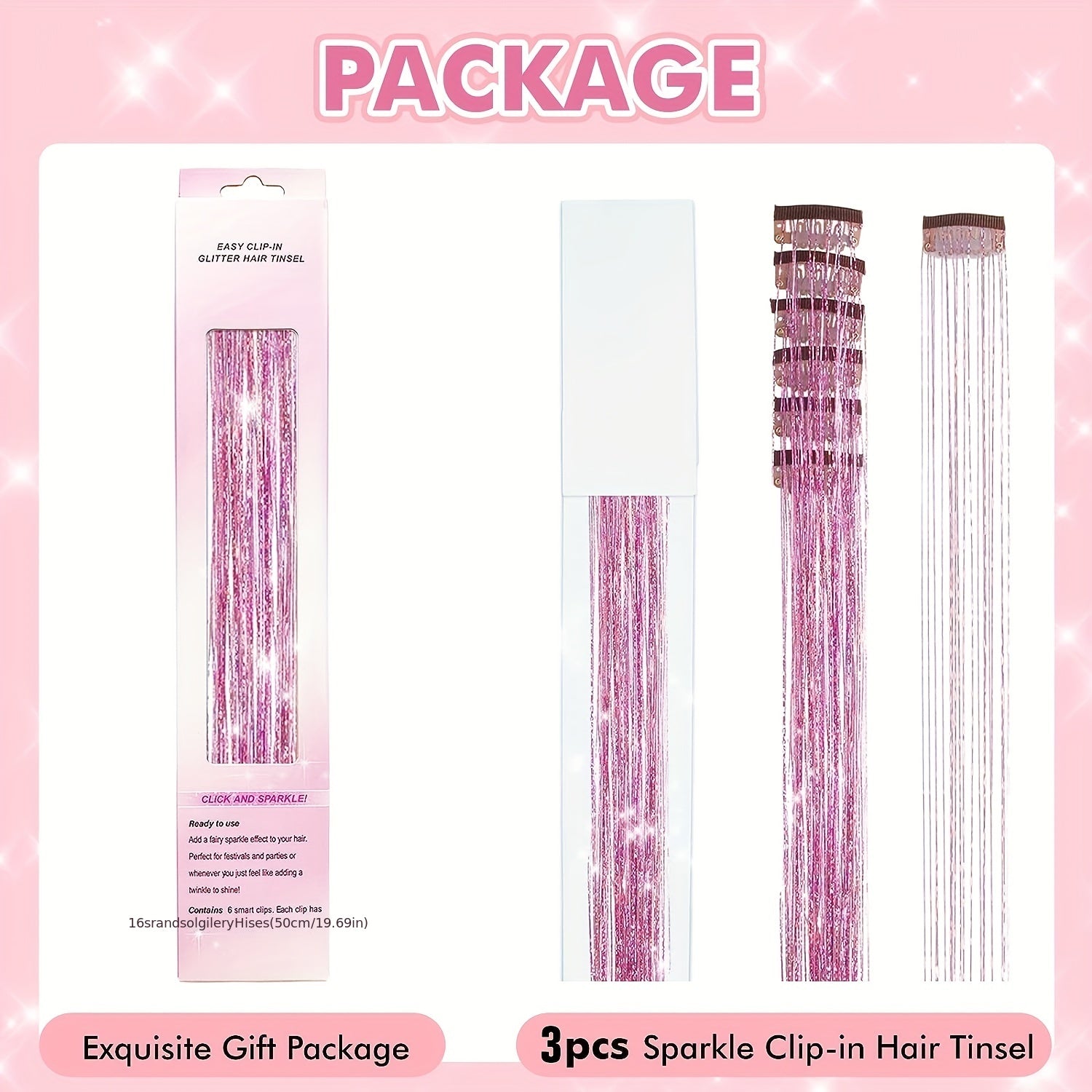 3pcs Glitter Hair Tinsel Extensions 20 Inch Kit