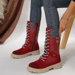 Faux Leather Snow Boots Flat Lace Up Mid Calf Winter Boots