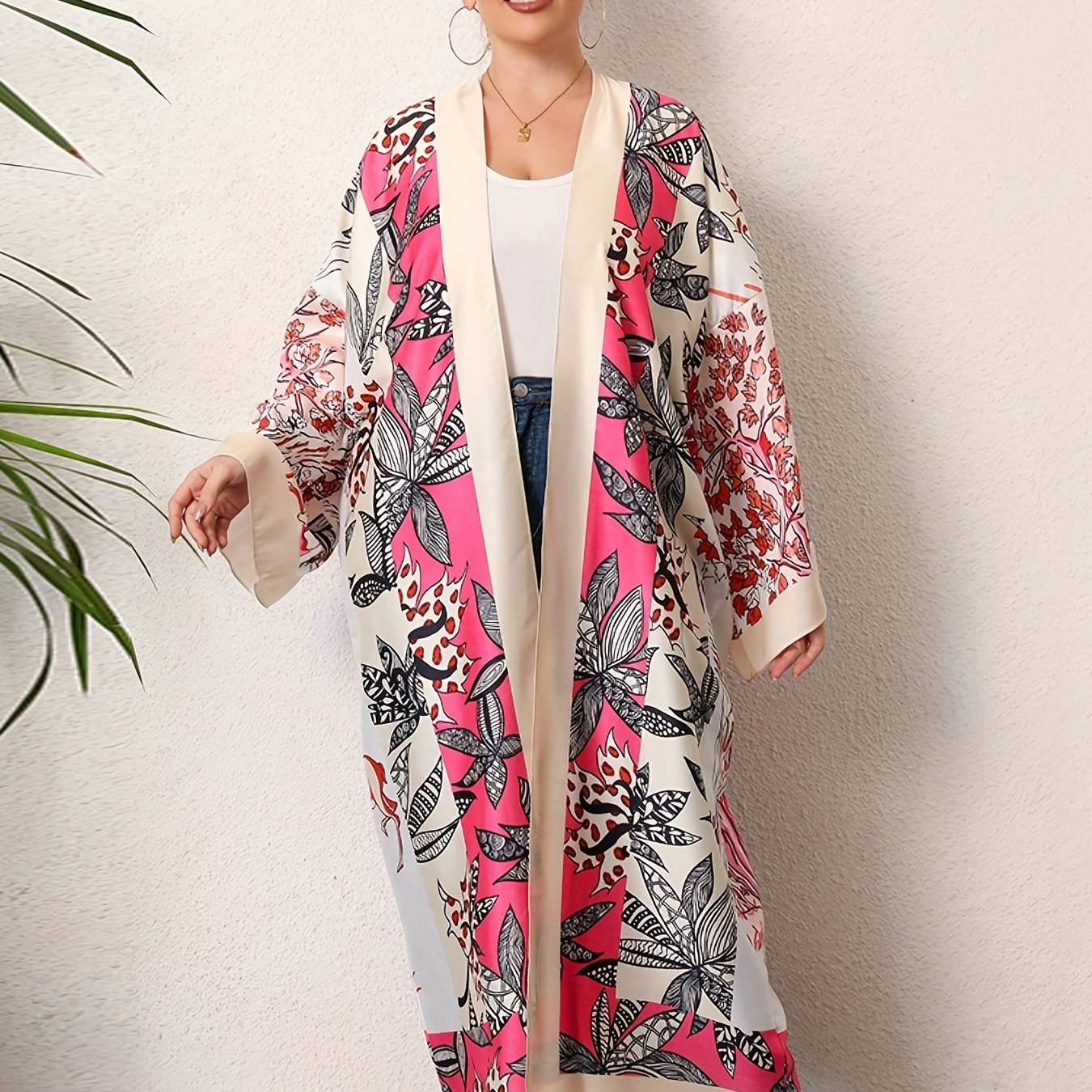  Boho Kimono Women's Plus Painting Print Long Sleeve Open Front