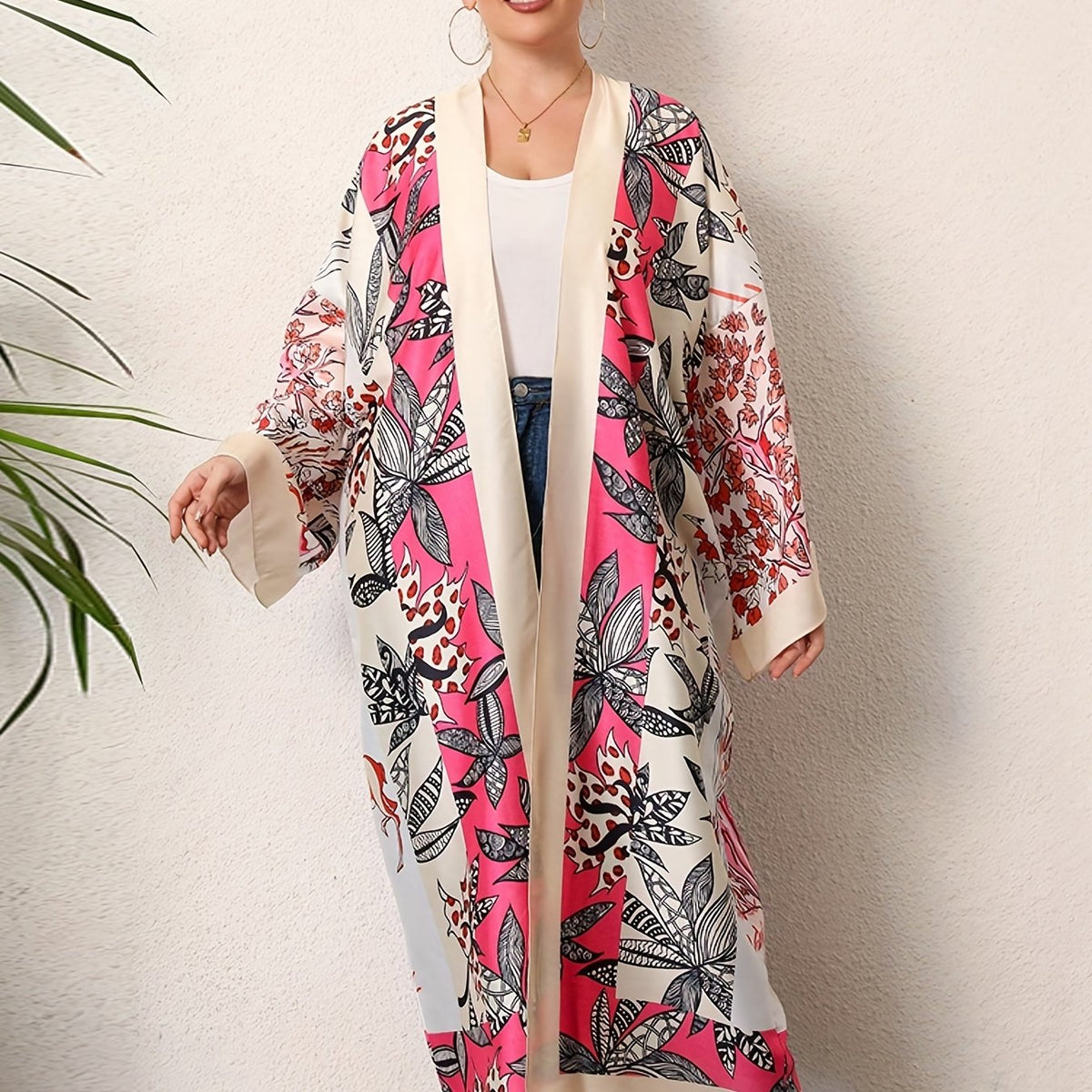  Boho Kimono Women's Plus Painting Print Long Sleeve Open Front