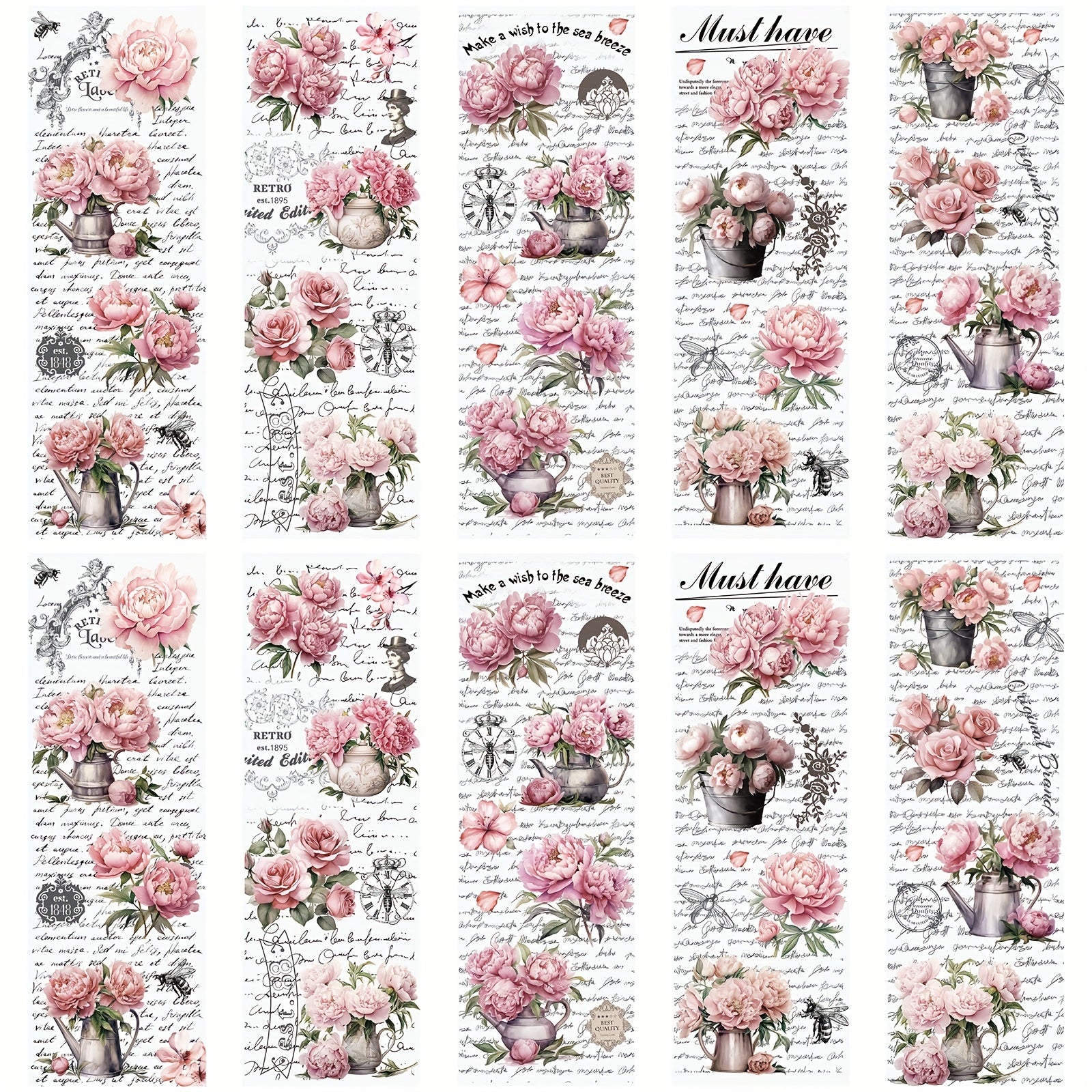 10 Sheets Vintage Peony Flower Rub On Stickers for DIY Scrapbooking