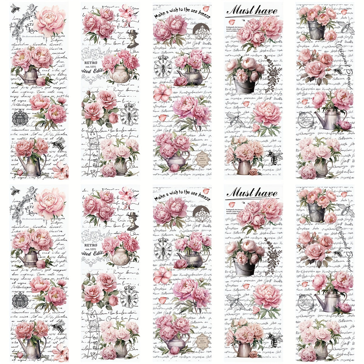 10 Sheets Vintage Peony Flower Rub On Stickers for DIY Scrapbooking