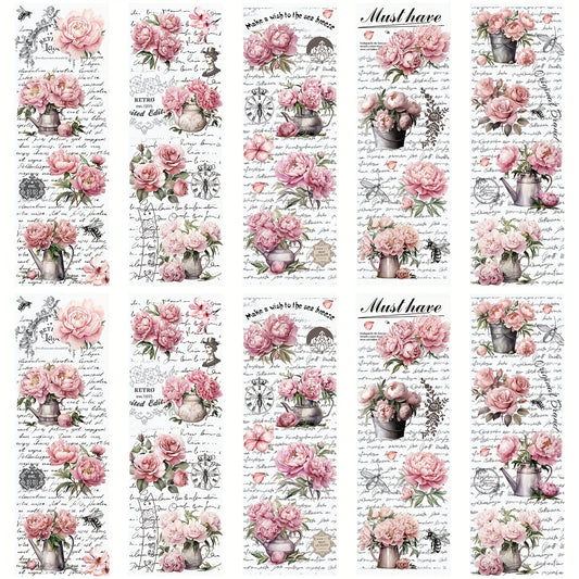 10 Sheets Vintage Peony Flower Rub On Stickers for DIY Scrapbooking