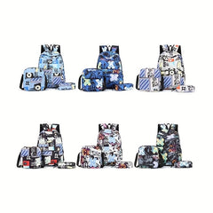 Cartoon Graffiti Print Backpack Set for Students