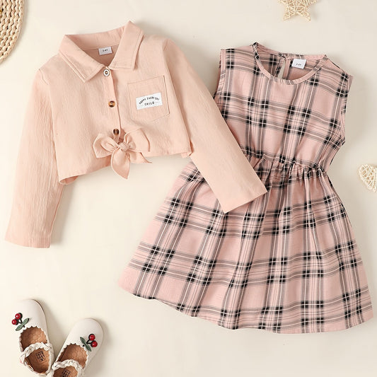 Girls Long Sleeve Shirt & Sleeveless Plaid Dress Baby Kids Clothes