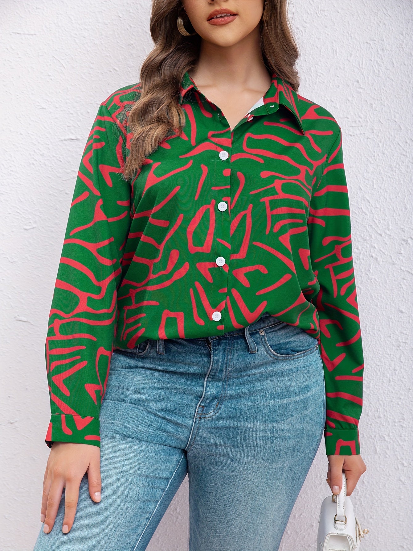  Casual Blouse Women's Plus Allover Print Long Sleeve Button Up Shirt