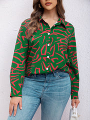  Casual Blouse Women's Plus Allover Print Long Sleeve Button Up Shirt
