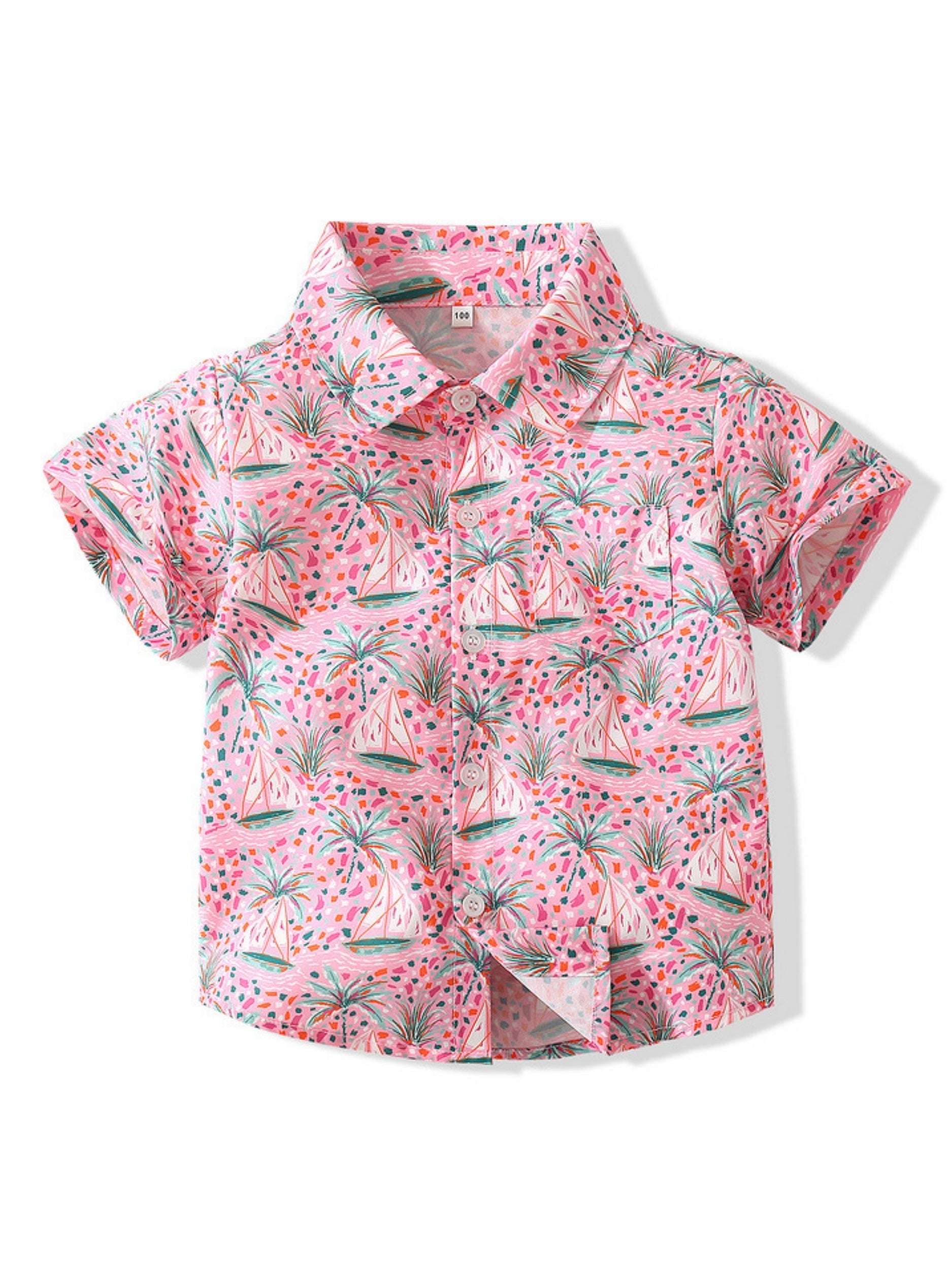 Boys Coconut Tree & Sail Boat Short Sleeves Shirt