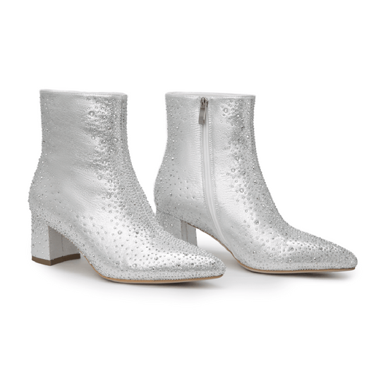 Women's Rhinestone Short Boots Point Toe Chunky Heel Dress Boots
