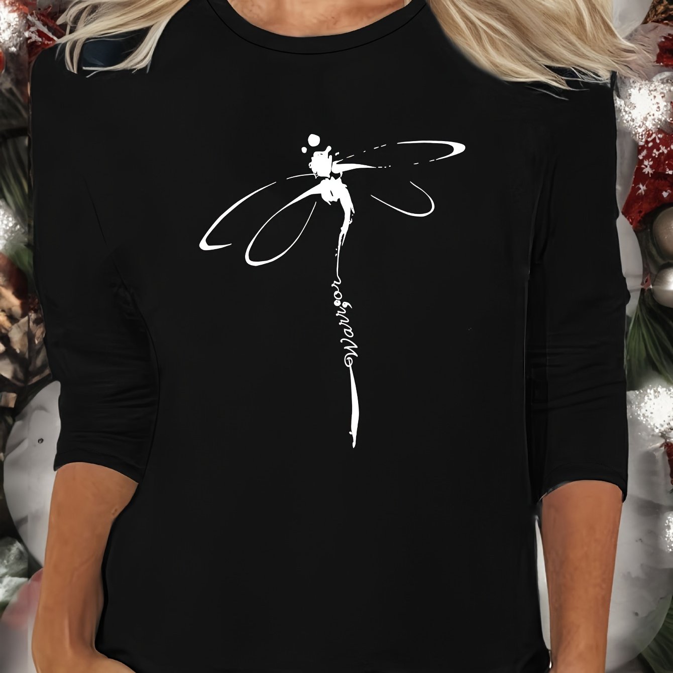 Dragonfly Print Lounge Top Long Sleeve Crew Neck Women's Loungewear