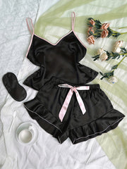 Satin Pajama Set V Neck Cami Top & Ruffle Shorts Sleepwear