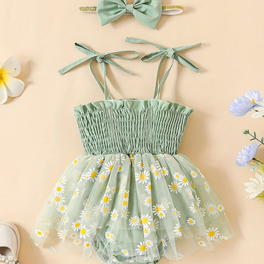 Baby Girls Shirred Mesh Onesie Dress & Headband Set