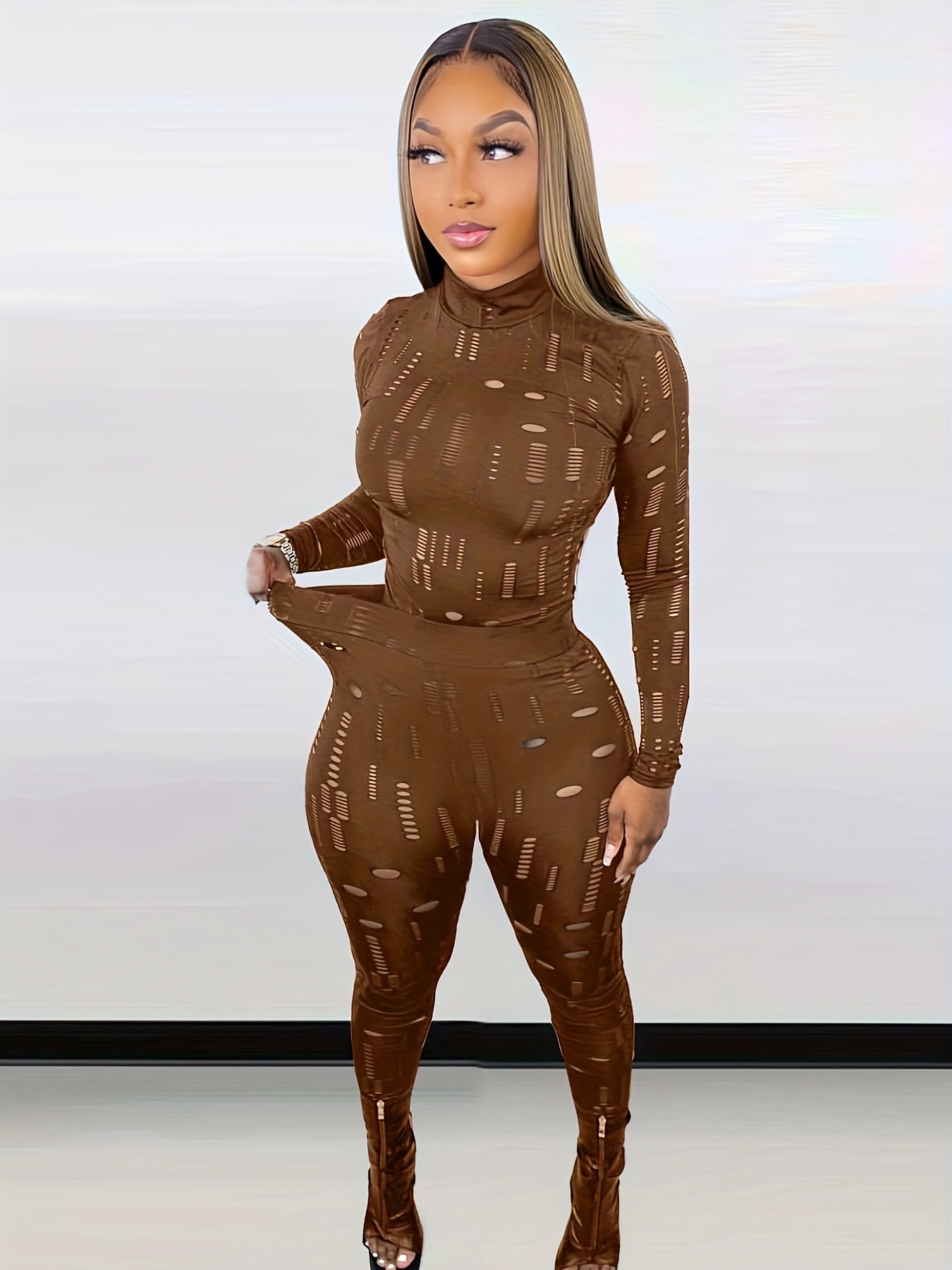 Sexy Cut Out 2pc Set Mock Neck Top & Skinny Pants Outfit