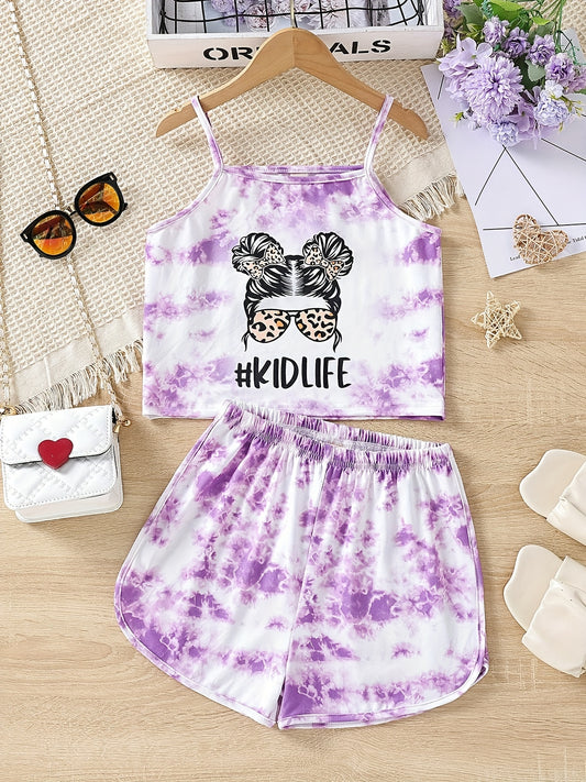 Girls Tie Dye Shorts Suit Graphic Cami Top & Shorts Set Kids Clothes