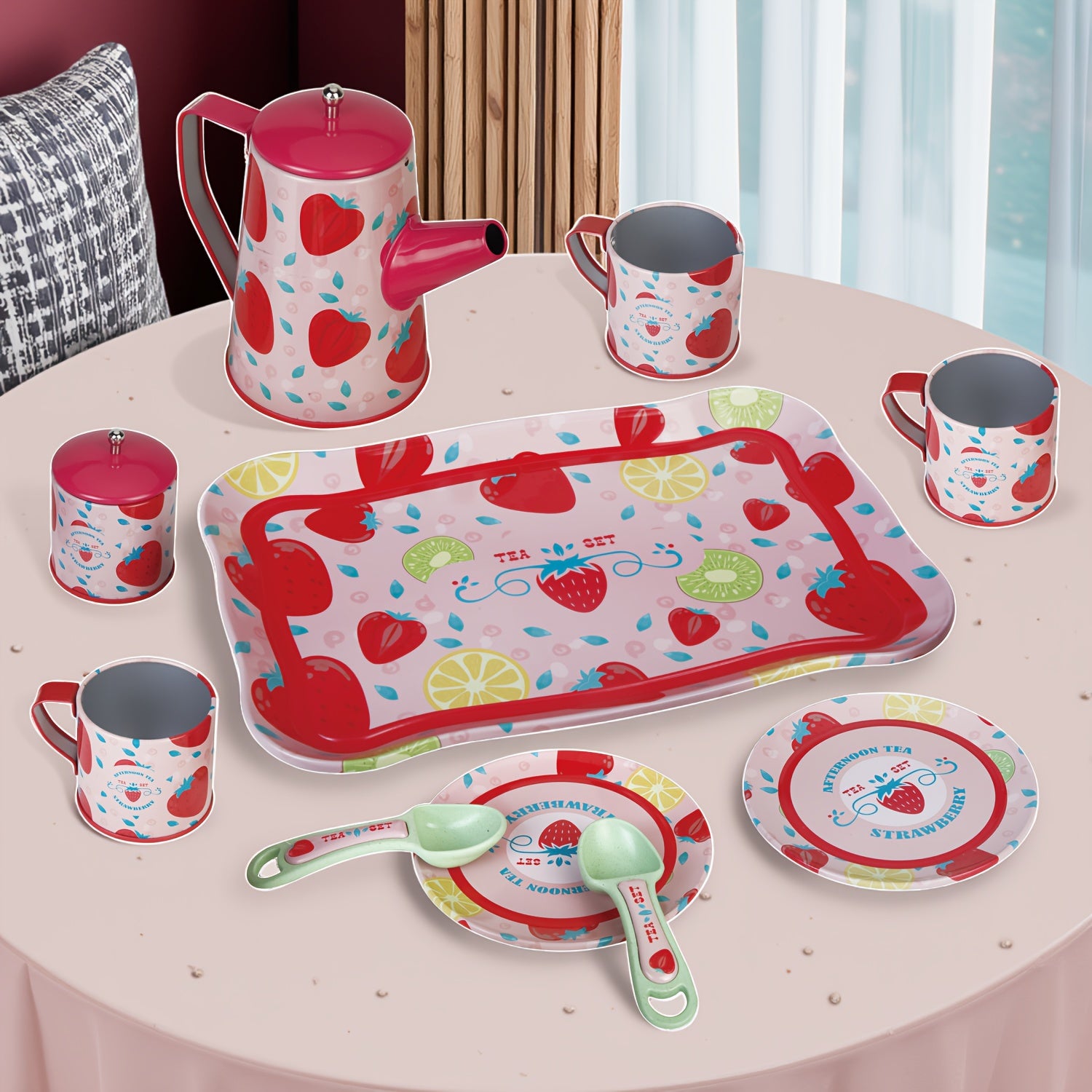 Strawberry Tea Set for Girls Pretend Play Tin Teapot Set