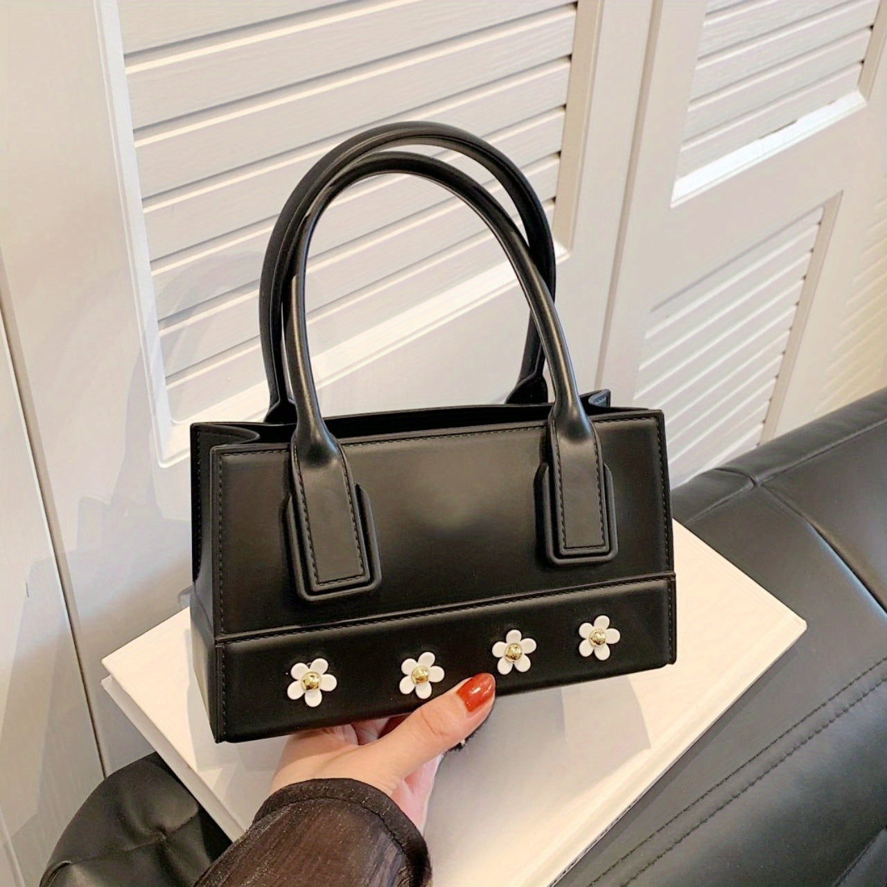 Flower Top Handle Satchel Handbag PU Leather Purse Lipstick Bag