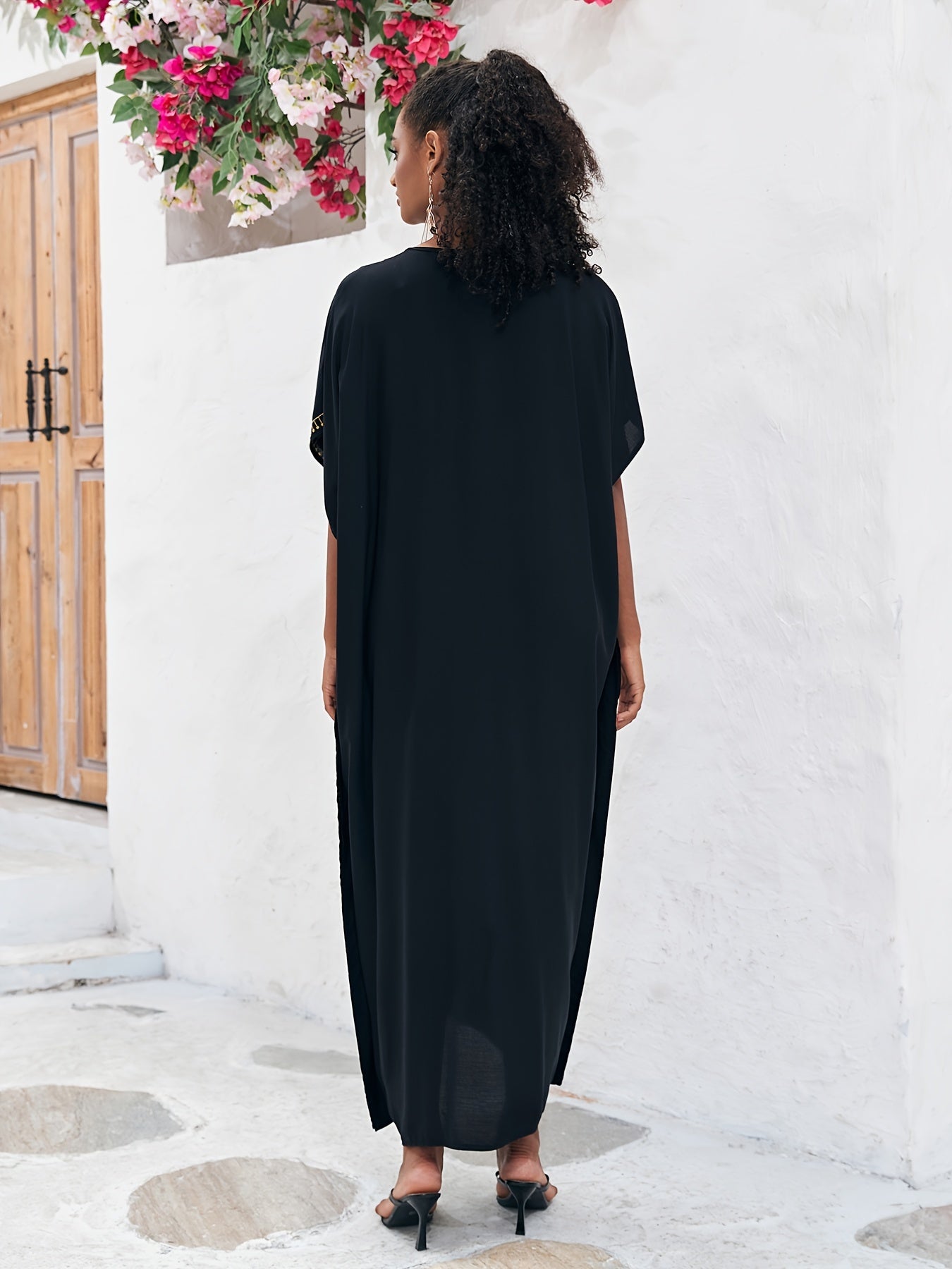  Boho Abaya Dress Women's Plus Golden Embroidered Bat Sleeve V Neck Max
