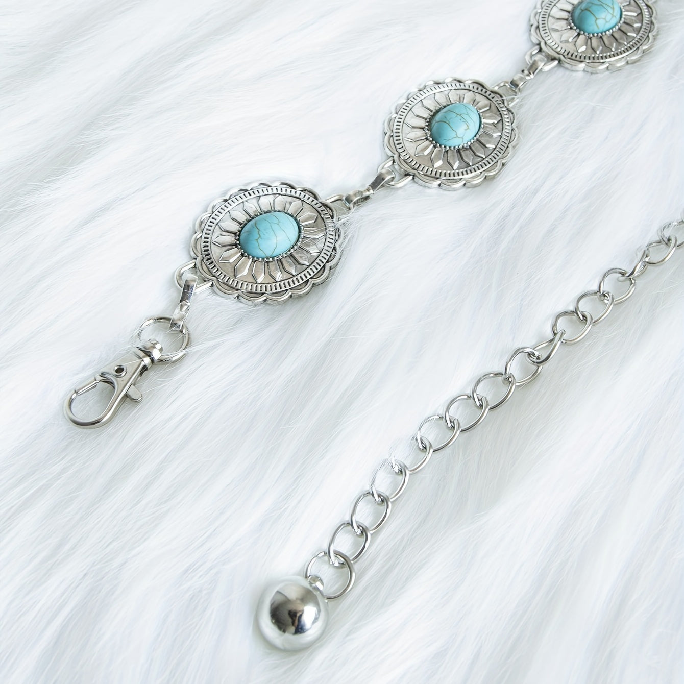 Turquoise Inlay Oval Chain Belt Silvery Geometric Flower Boho Waist Chain