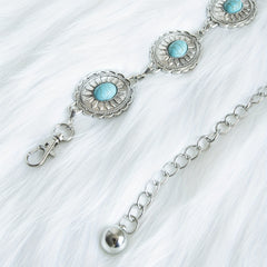 Turquoise Inlay Oval Chain Belt Silvery Geometric Flower Boho Waist Chain