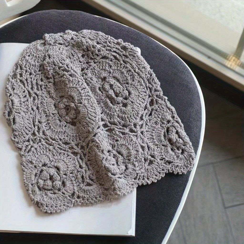 Vintage Flower Crochet Beanie Hollow Out Skull Hat Soft Thin Knit Hats