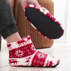 Men's Elk Snowflake Print Slippers Socks Warm Fleece Cozy Comfortable Non slip