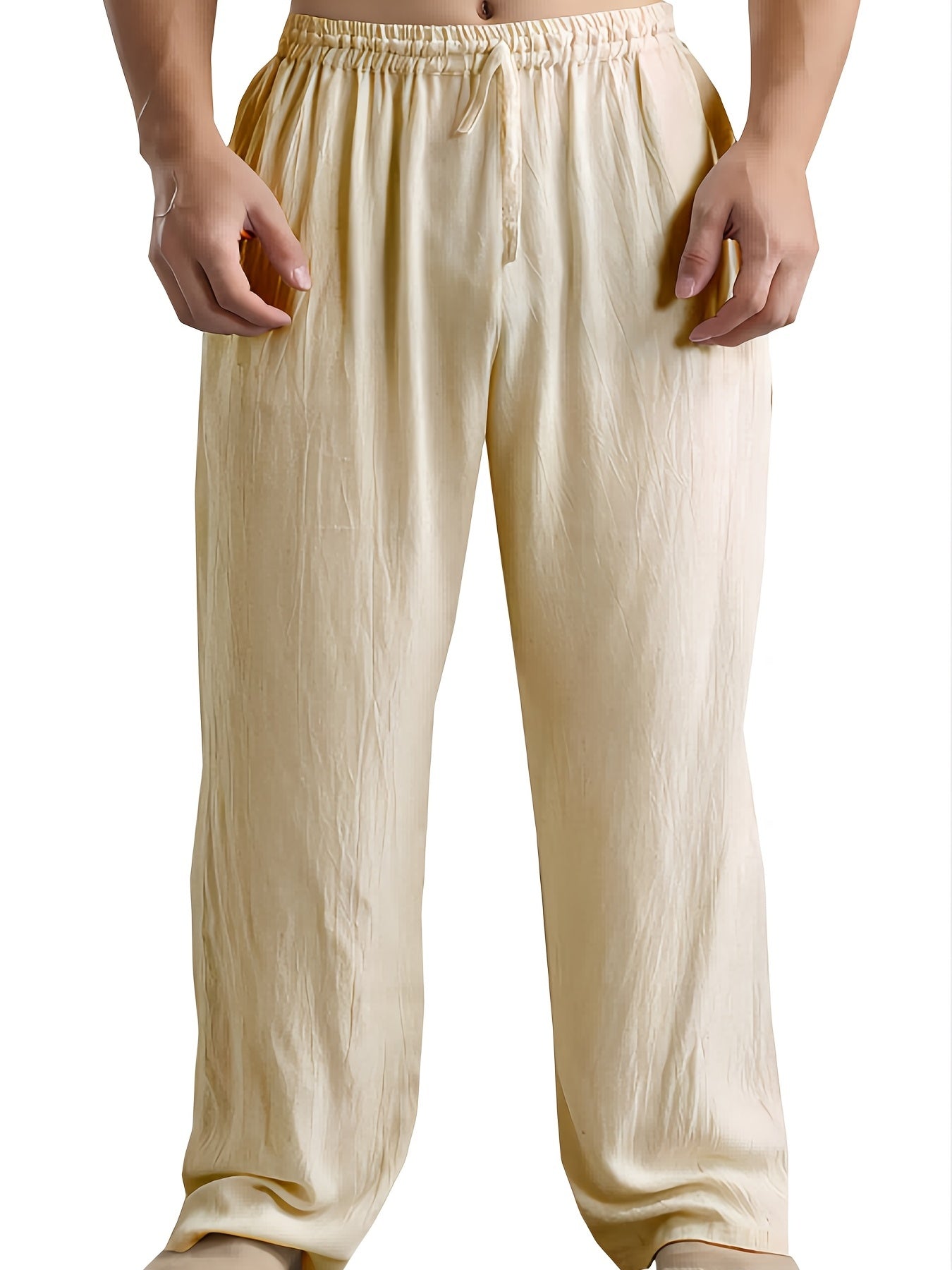 Men's Cotton Linen Wide Leg Beach Pants Drawstring Casual Yoga Trousers