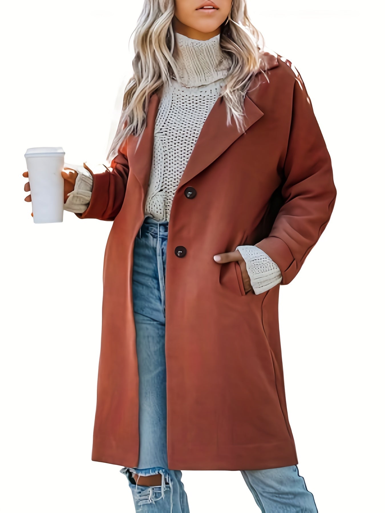 Solid Single Breasted Pea Coat Long Sleeve Overcoat For Fall & Winter