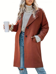 Solid Single Breasted Pea Coat Long Sleeve Overcoat For Fall & Winter