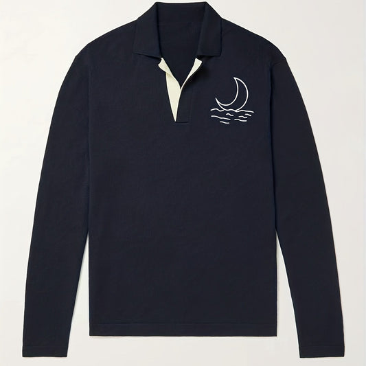 Moon Pattern Knit Polo Shirt Men's Casual Lapel Stretch V Neck Pullover